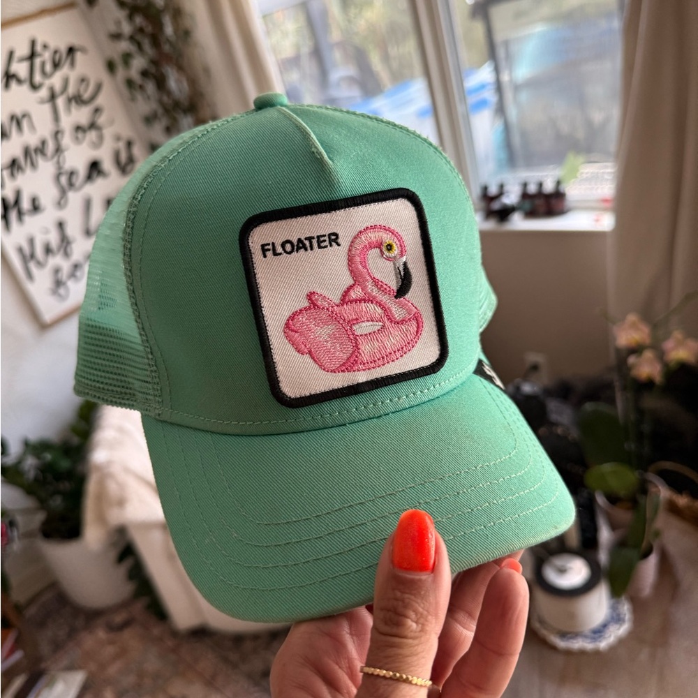 Mint Green Trucker Hat with Pink Flamingo Patch